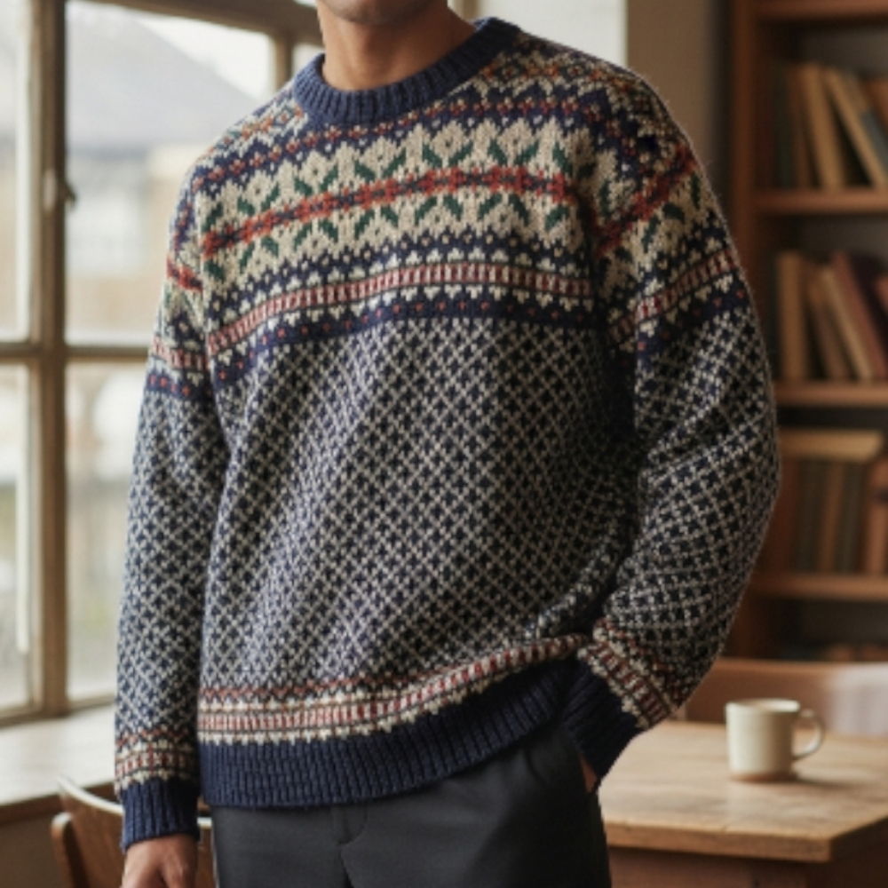 Abercrombie Fitch Chunky Fair Isle Sweater XL Navy Cotton - Picture 1 of 5